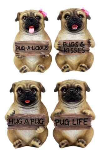Ebros Gift Ebros Pug Life Adorable Chubby Pugs Holding Signs Figurine Set 4"H Sitting Pugs