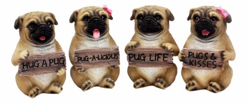 Ebros Gift Ebros Pug Life Adorable Chubby Pugs Holding Signs Figurine Set 4"H Sitting Pugs