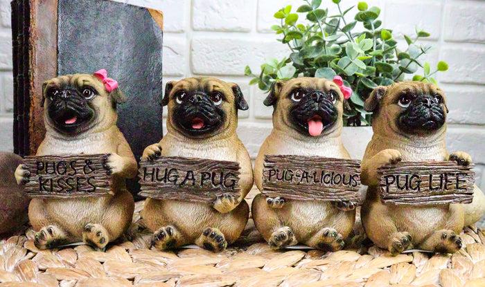 ebros gift Ebros Pug Life Adorable Chubby Pugs Holding Signs Figurine Set 4"H Sitting Pugs