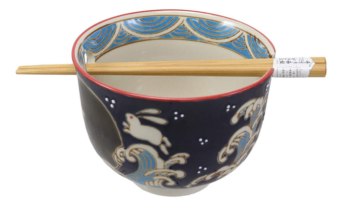 Ebros Gift Ebros Rabbits Full Moon Ramen Noodles Bowl With Built In Chopsticks & Rest Set
