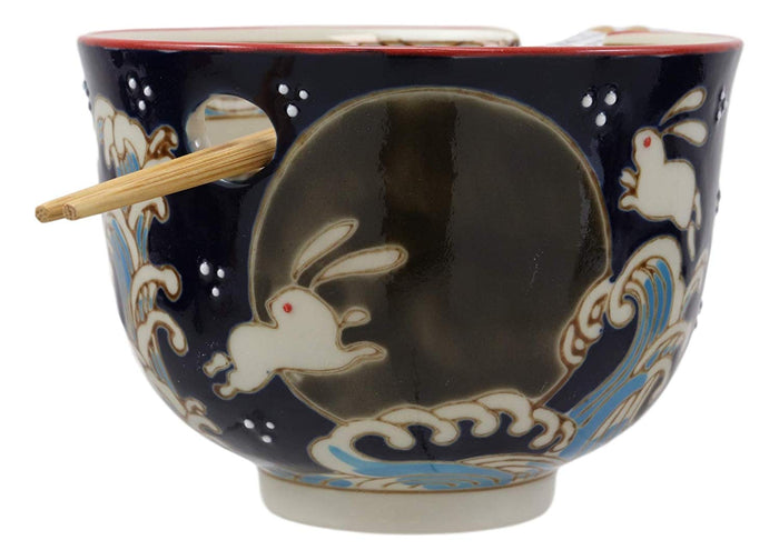 Ebros Gift Ebros Rabbits Full Moon Ramen Noodles Bowl With Built In Chopsticks & Rest Set