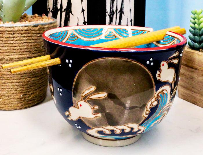 ebros gift Ebros Rabbits Full Moon Ramen Noodles Bowl With Built In Chopsticks & Rest Set