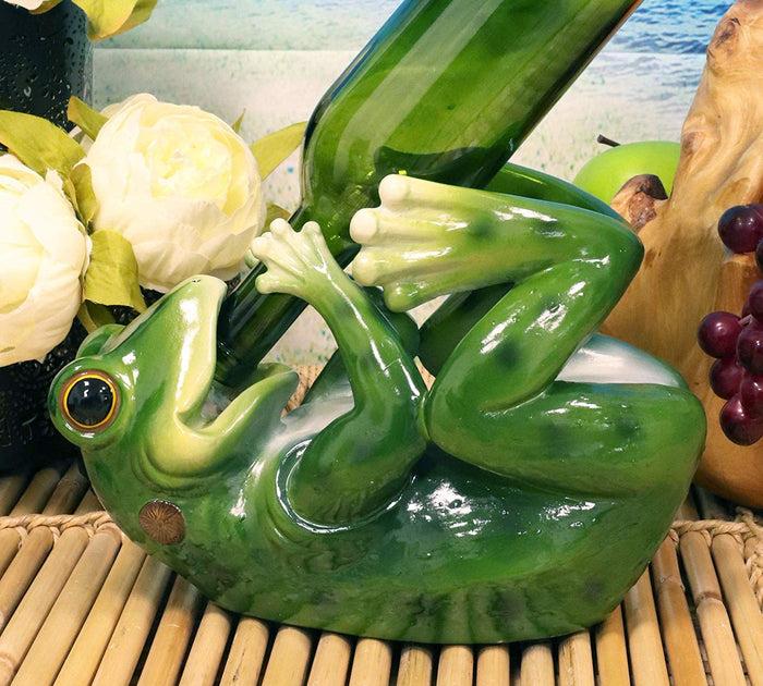 ebros gift Ebros Rainforest Green Tree Frog Wine Bottle Holder Caddy Figurine 10.25" Long