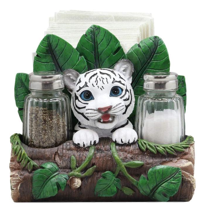 Ebros Gift Ebros Rainforest White Tiger Cub Dinner Napkins & Salt Pepper Shakers Holder Set