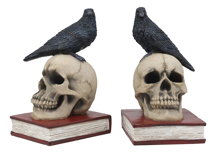 Ebros Gift Ebros Raven Crow Perching On Skull With Ancient Book Bookends Set 7.5" Tall