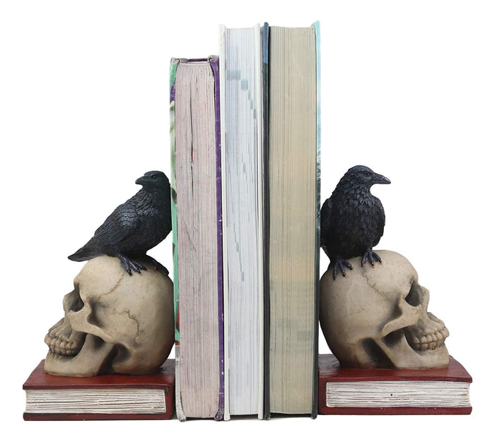 Ebros Gift Ebros Raven Crow Perching On Skull With Ancient Book Bookends Set 7.5" Tall