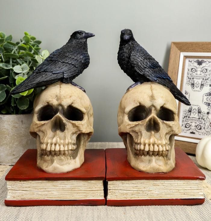 ebros gift Ebros Raven Crow Perching On Skull with Ancient Book Bookends Set 7.5" Tall