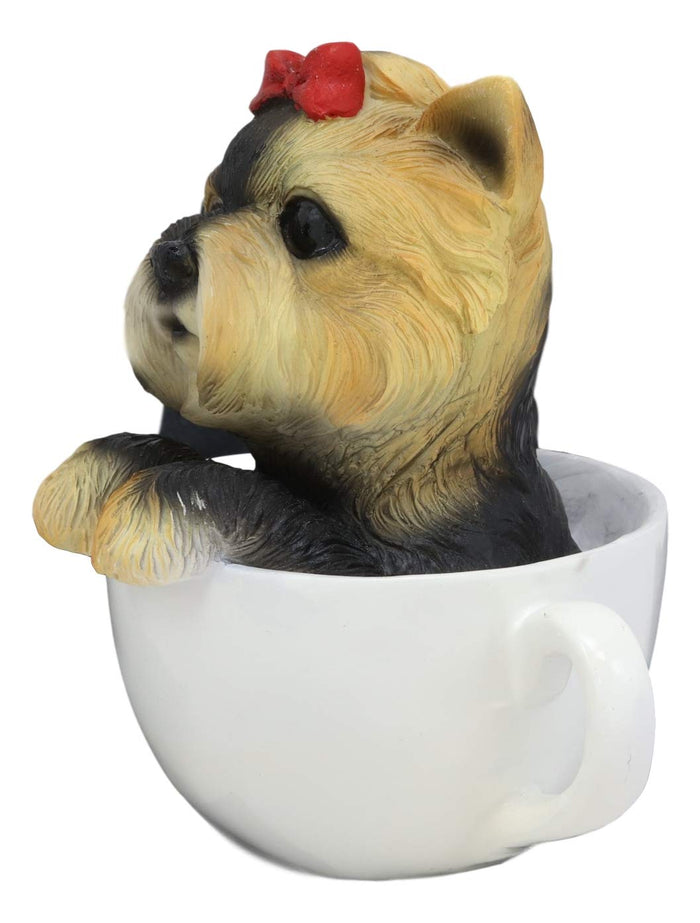 Ebros Gift Ebros Realistic Adorable Yorkie Dog With Red Ribbon In Teacup Statue 6"H
