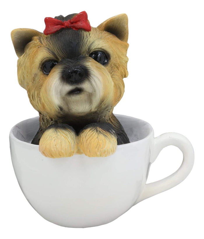 Ebros Gift Ebros Realistic Adorable Yorkie Dog With Red Ribbon In Teacup Statue 6"H