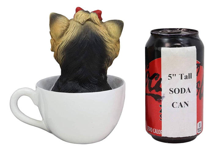 Ebros Gift Ebros Realistic Adorable Yorkie Dog With Red Ribbon In Teacup Statue 6"H