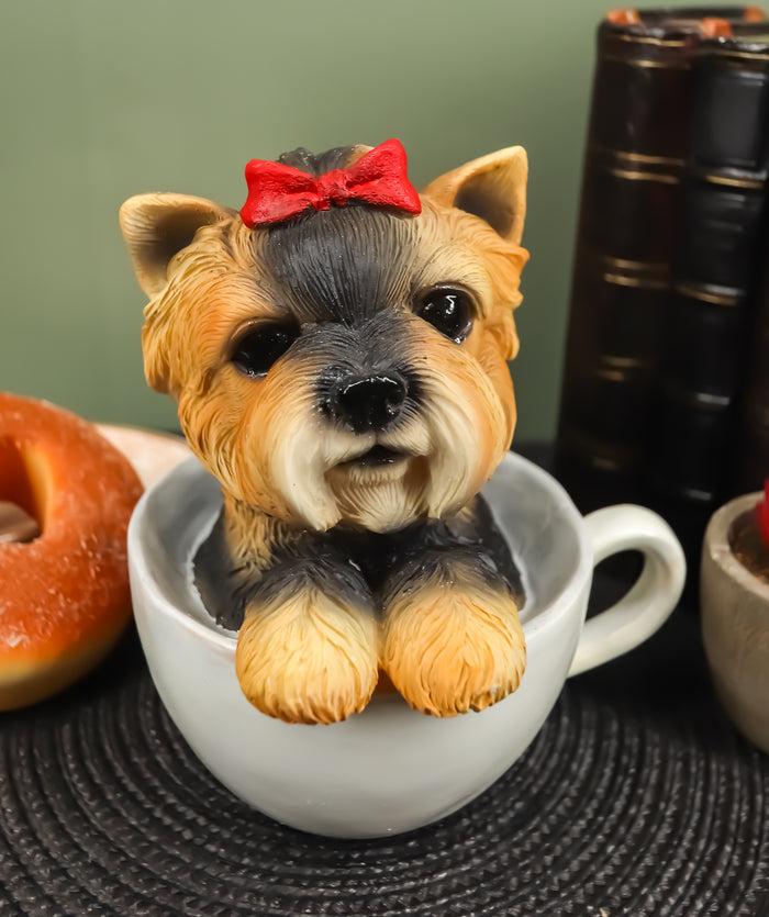 ebros gift Ebros Realistic Adorable Yorkie Dog with Red Ribbon in Teacup Statue 6"H