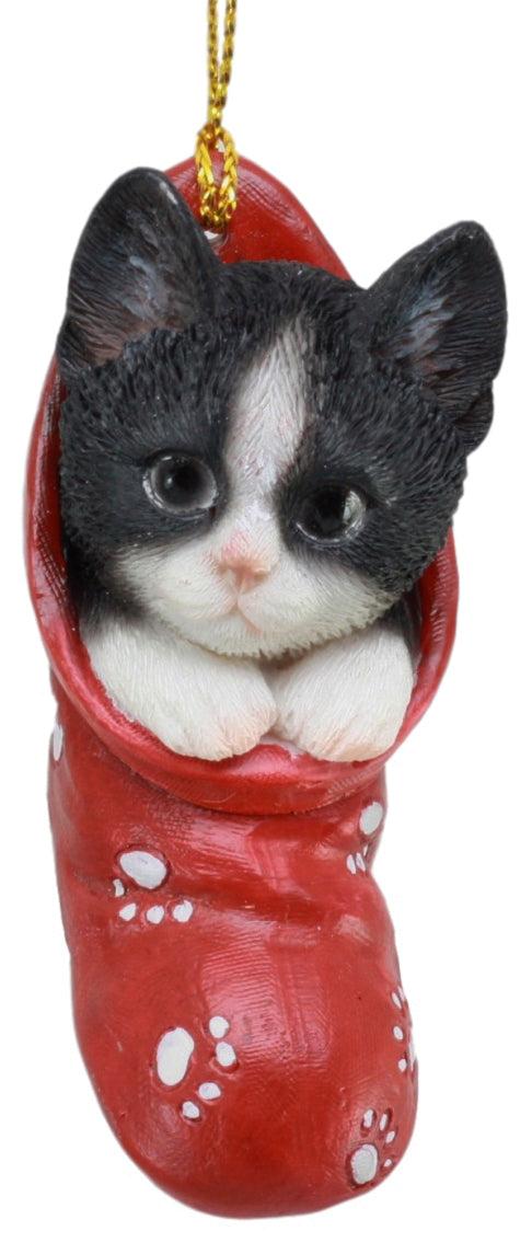 ebros gift Ebros Realistic Black And White Tuxedo Cat Kitten In The Sock Small Hanging Ornament Figurine With Glass Eyes Adorable Holiday Festive Season Decor Sculpture For Christmas Trees Animal Pet Collectible