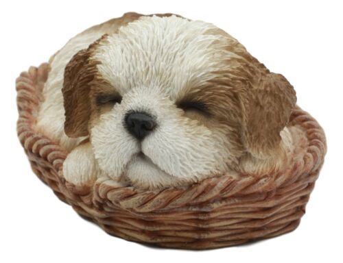 Ebros Gift Ebros Realistic Life Like Shih Tzu Sleeping In Wicker Basket Statue Puppy Dog Figurine