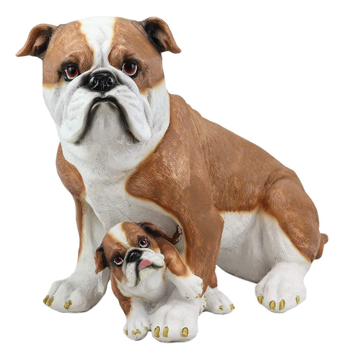 Ebros Gift Ebros Realistic Lifelike Bulldog Mother And Puppy Statue 10" Tall Dog Breeds American Bulldogs Figurine Gallery Quality Sculpture With Glass Eyes