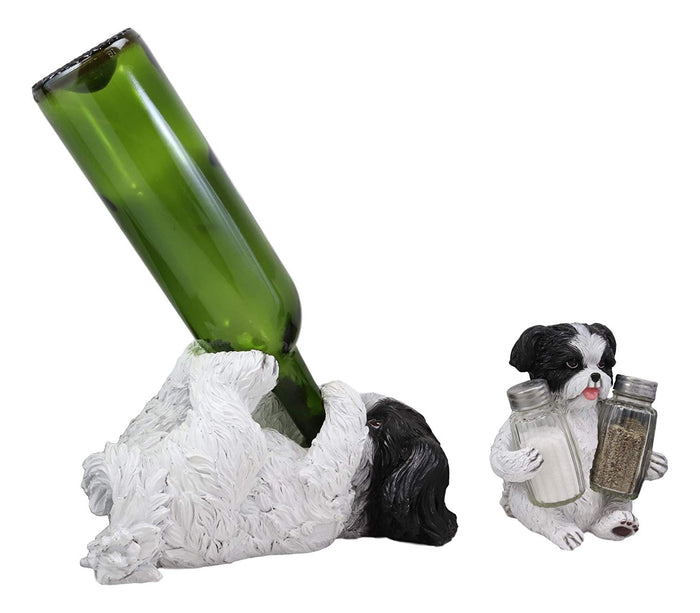Ebros Gift Ebros Realistic Shih Tzu Dog Glass Salt Pepper Shakers & Wine Bottle Holder