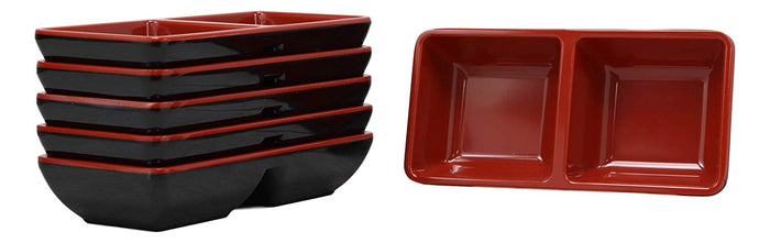 Ebros Gift Ebros Red And Black Melamine Traditional Design Condiments Ketchup BBQ Soy Sauce Dipping Bowl Or Dish With Divider 2 Partition Compartments Housewarming Gifts For Sushi Asian Dining Restaurant Supply