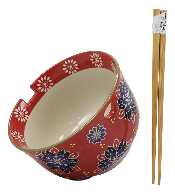 Ebros Gift Ebros Red Colorful Divine Flowers Ramen Udon Noodles Large 6.25" Diameter Soup Bowl With Built In Rest And Bamboo Chopsticks Set For Rice Pasta Salad