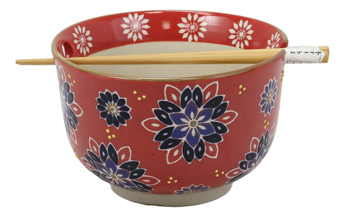 Ebros Gift Ebros Red Colorful Divine Flowers Ramen Udon Noodles Large 6.25" Diameter Soup Bowl With Built In Rest And Bamboo Chopsticks Set For Rice Pasta Salad