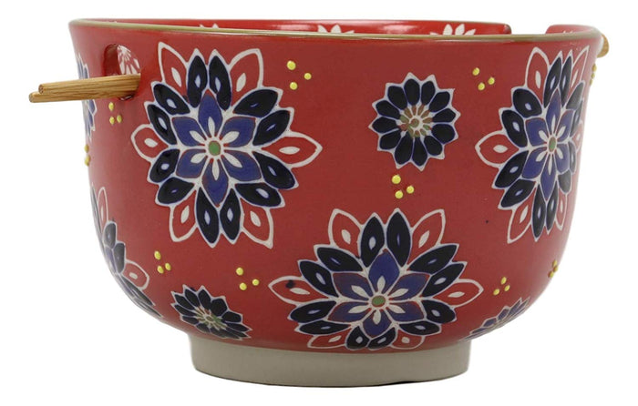 Ebros Gift Ebros Red Colorful Divine Flowers Ramen Udon Noodles Large 6.25" Diameter Soup Bowl With Built In Rest And Bamboo Chopsticks Set For Rice Pasta Salad