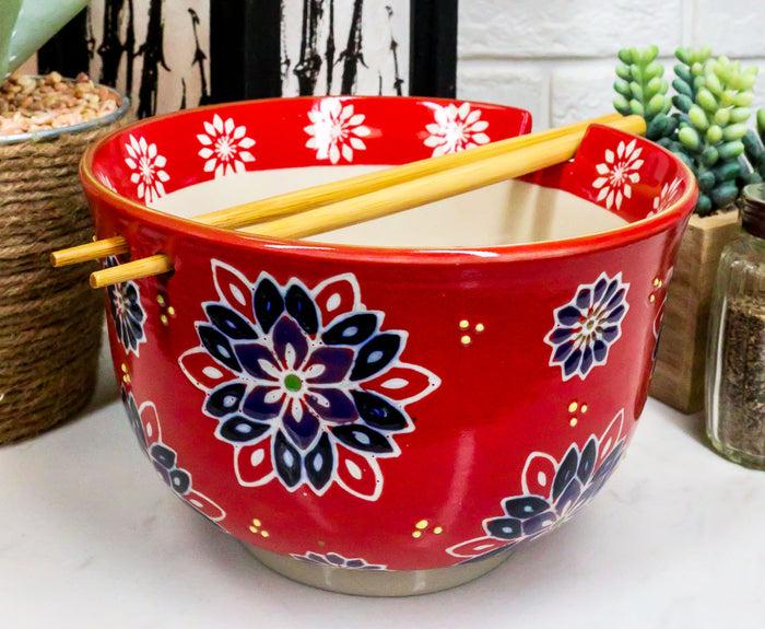 ebros gift Ebros Red Colorful Divine Flowers Ramen Udon Noodles Large 6.25" Diameter Soup Bowl With Built In Rest and Bamboo Chopsticks Set for Rice Pasta Salad