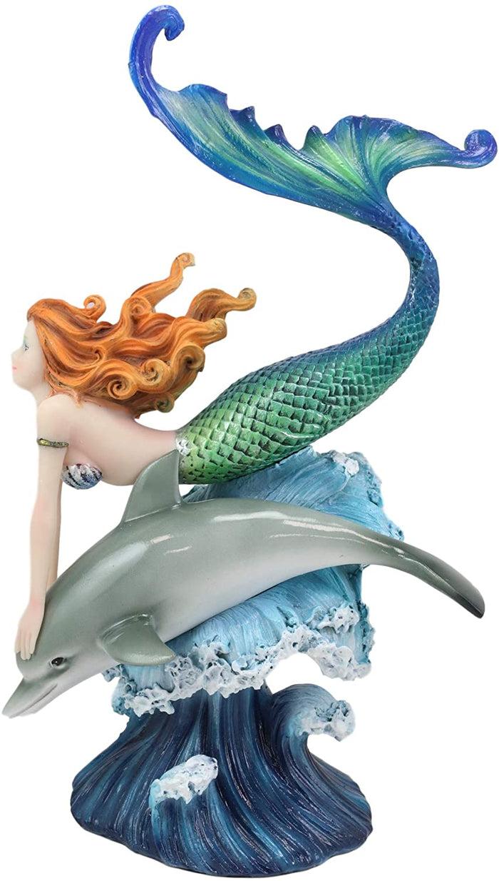 Ebros Gift Ebros Red Haired Mermaid Riding Dolphin Over The Ocean Waves Figurine 10.25" H
