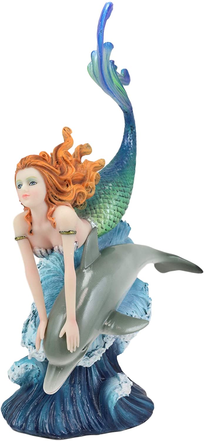 Ebros Gift Ebros Red Haired Mermaid Riding Dolphin Over The Ocean Waves Figurine 10.25" H