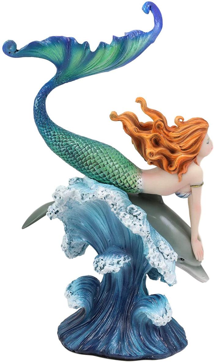 Ebros Gift Ebros Red Haired Mermaid Riding Dolphin Over The Ocean Waves Figurine 10.25" H