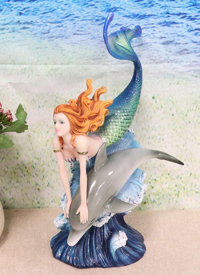 ebros gift Ebros Red Haired Mermaid Riding Dolphin Over The Ocean Waves Figurine 10.25" H