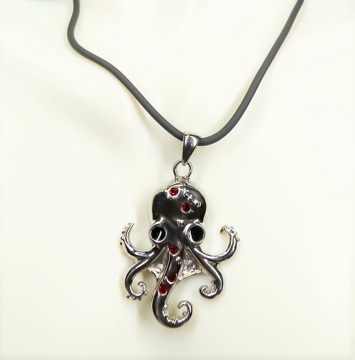 Ebros Gift Ebros Red Rhinestone Steampunk Kraken Stainless Steel Necklace Pendant Jewelry