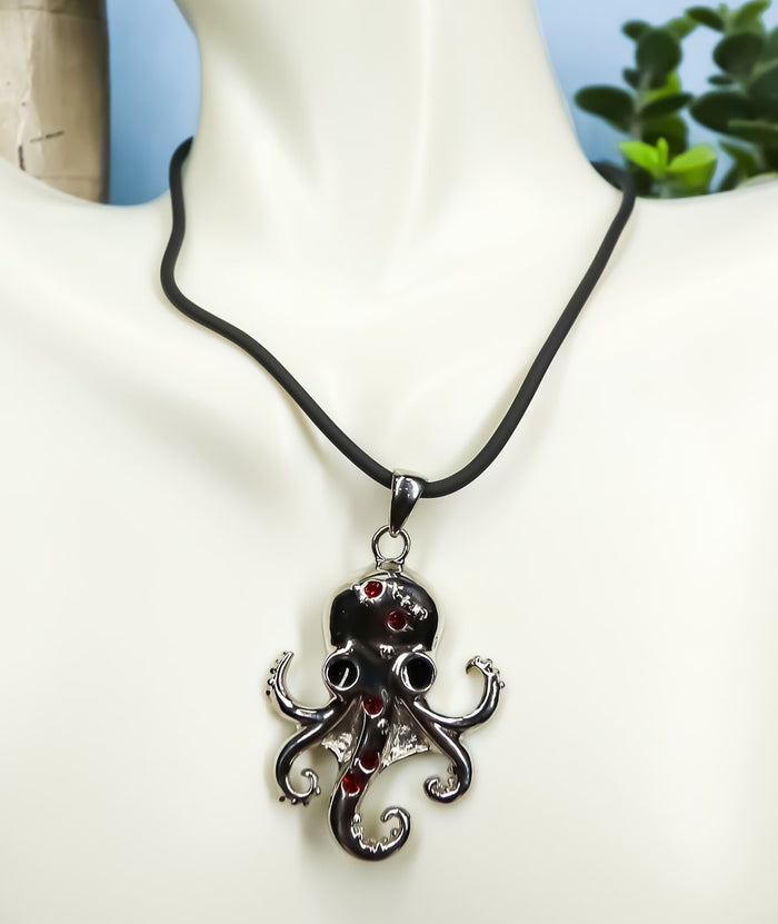 ebros gift Ebros Red Rhinestone Steampunk Kraken Stainless Steel Necklace Pendant Jewelry