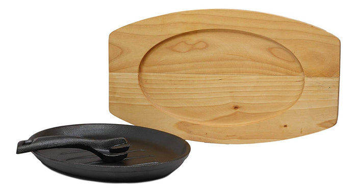 Ebros Gift Ebros Ridged Oil Coat Cast Iron Fajita Skillet Japanese Steak Plate & Base Set 10.5"L