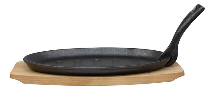 Ebros Gift Ebros Ridged Oil Coat Cast Iron Fajita Skillet Japanese Steak Plate & Base Set 10.5"L