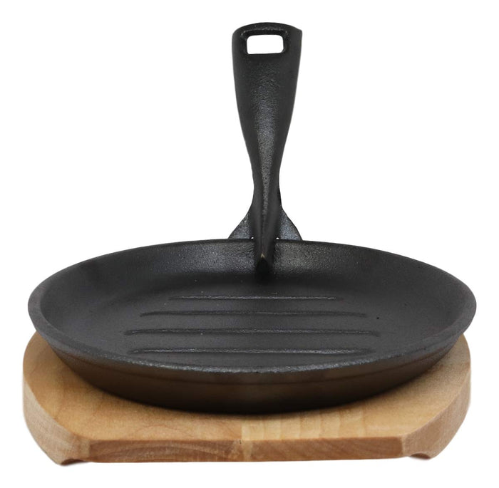 Ebros Gift Ebros Ridged Oil Coat Cast Iron Fajita Skillet Japanese Steak Plate & Base Set 10.5"L