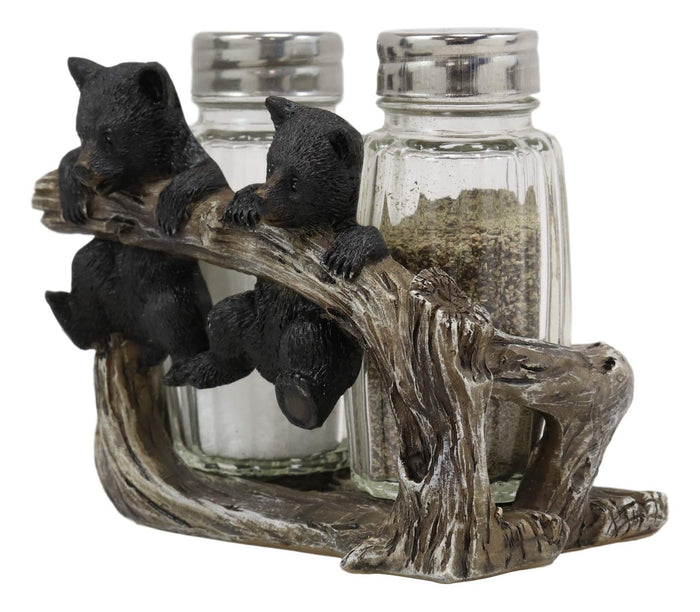 Ebros Gift Ebros Rustic 2 Black Bear Cubs On Branch Salt & Pepper Shaker Holder Decor 5" L