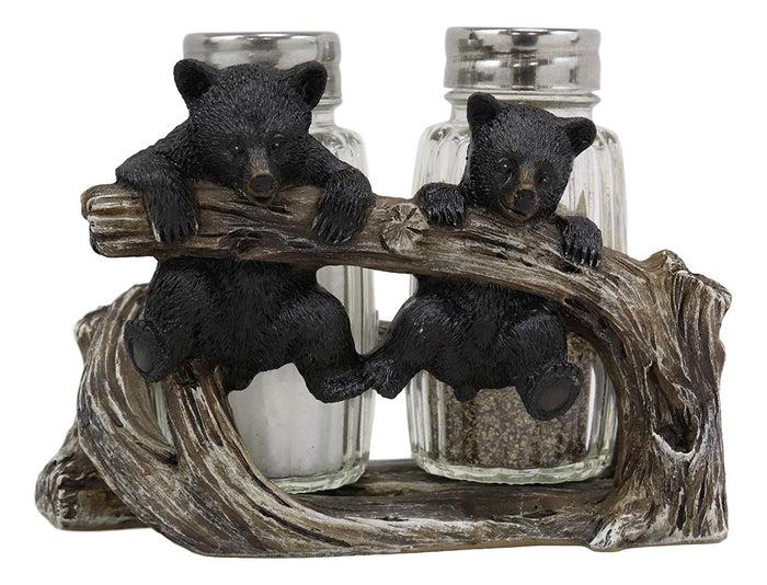 Ebros Gift Ebros Rustic 2 Black Bear Cubs On Branch Salt & Pepper Shaker Holder Decor 5" L