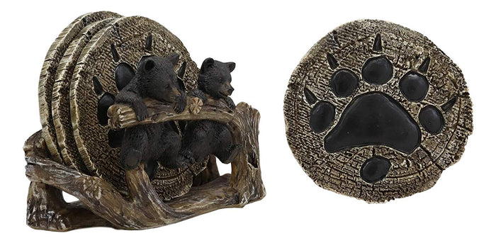 Ebros Gift Ebros Rustic 2 Black Bears Dangling On Tree Branch Coaster Holder With 4 Coasters Set