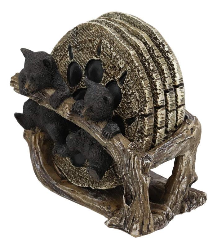 Ebros Gift Ebros Rustic 2 Black Bears Dangling On Tree Branch Coaster Holder With 4 Coasters Set