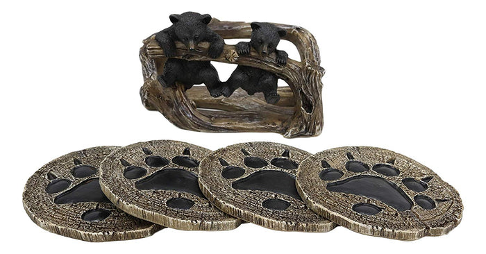 Ebros Gift Ebros Rustic 2 Black Bears Dangling On Tree Branch Coaster Holder With 4 Coasters Set