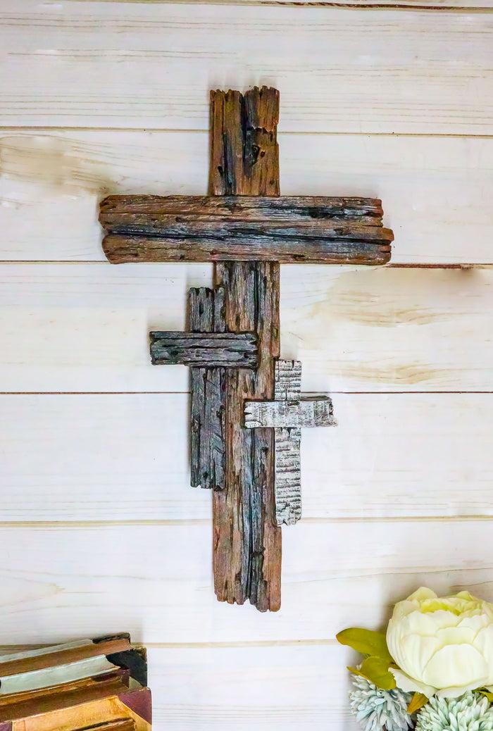 Ebros Gift Ebros Rustic 3 Tone Faux Wood Walnut Birch Driftwood Color Wall Cross 16" Tall