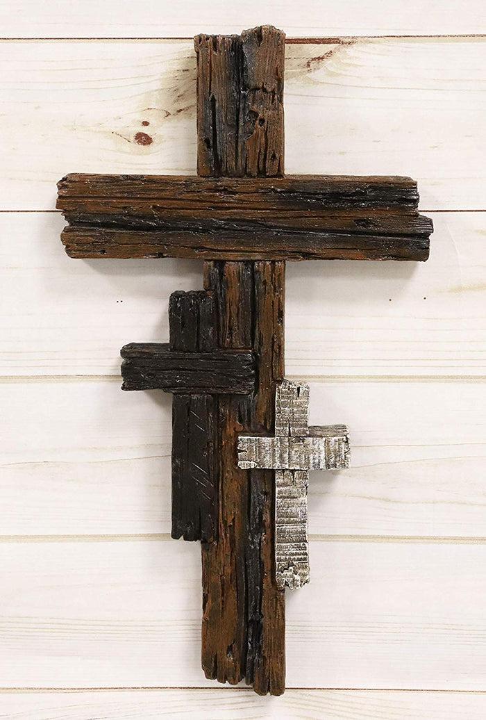 ebros gift Ebros Rustic 3 Tone Faux Wood Walnut Birch Driftwood Color Wall Cross 16" Tall