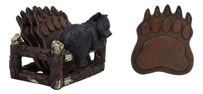 Ebros Gift Ebros Rustic Black Bear Cub On Tree Branch Coaster Set W/ 4 Bear Paws 4.5"W