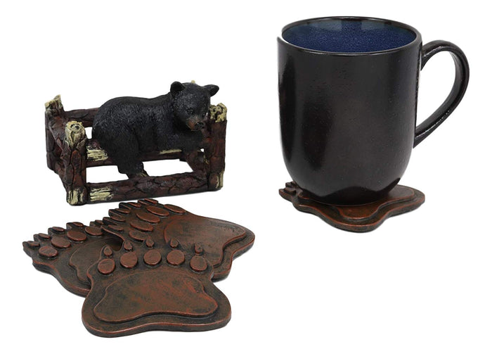 Ebros Gift Ebros Rustic Black Bear Cub On Tree Branch Coaster Set W/ 4 Bear Paws 4.5"W
