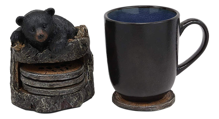 Ebros Gift Ebros Rustic Black Bear Cub Tree Trunk Stump Coaster Holder With 4 Coasters Set