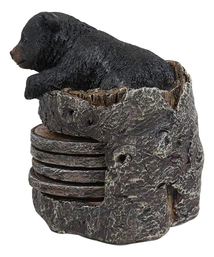 Ebros Gift Ebros Rustic Black Bear Cub Tree Trunk Stump Coaster Holder With 4 Coasters Set