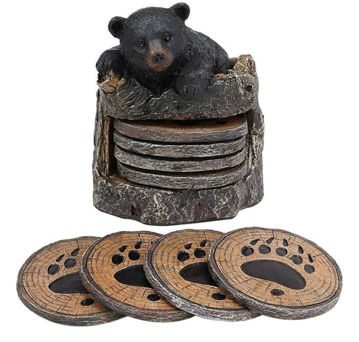 Ebros Gift Ebros Rustic Black Bear Cub Tree Trunk Stump Coaster Holder With 4 Coasters Set