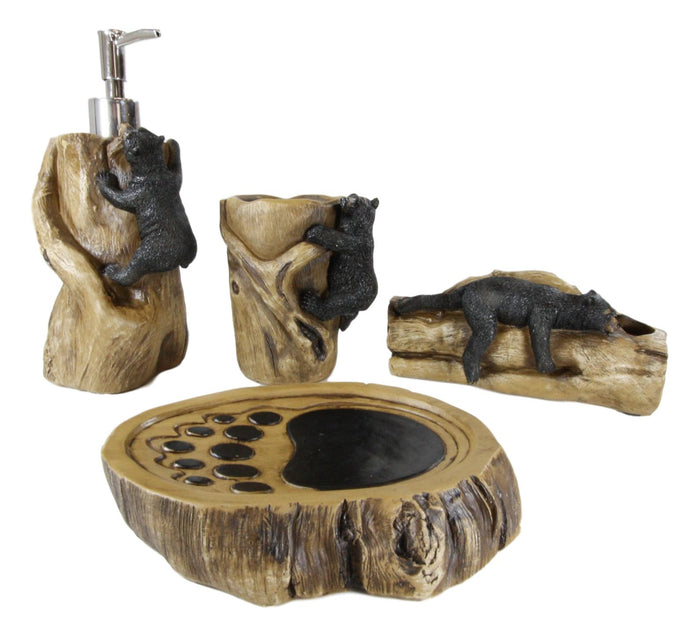 Ebros Gift Ebros Rustic Black Bears Climbing Logs Bathroom Vanity Set Of 4 Soap Dish Pump Cup