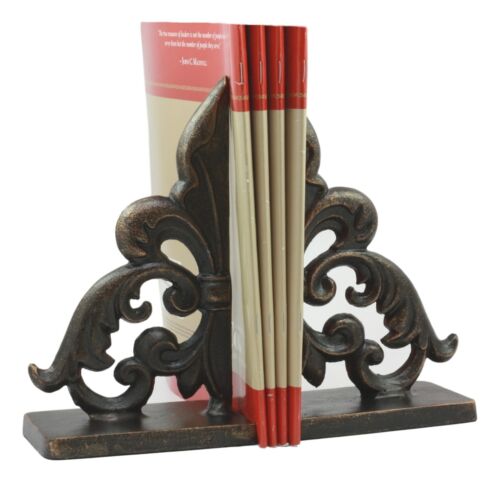 Ebros Gift Ebros Rustic Cast Iron Ornate Fleur De Lis Bookends Set Statue 8.5" Tall In Faded Bronze Antique Finish 6.25" H French Royal Stylized Lily Decorative Office Study-Room Library Desktop Decor Figurines