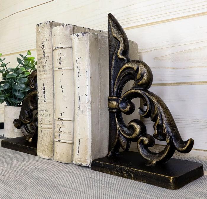 Ebros Gift Ebros Rustic Cast Iron Ornate Fleur De Lis Bookends Set Statue 8.5" Tall In Faded Bronze Antique Finish 6.25" H French Royal Stylized Lily Decorative Office Study-Room Library Desktop Decor Figurines
