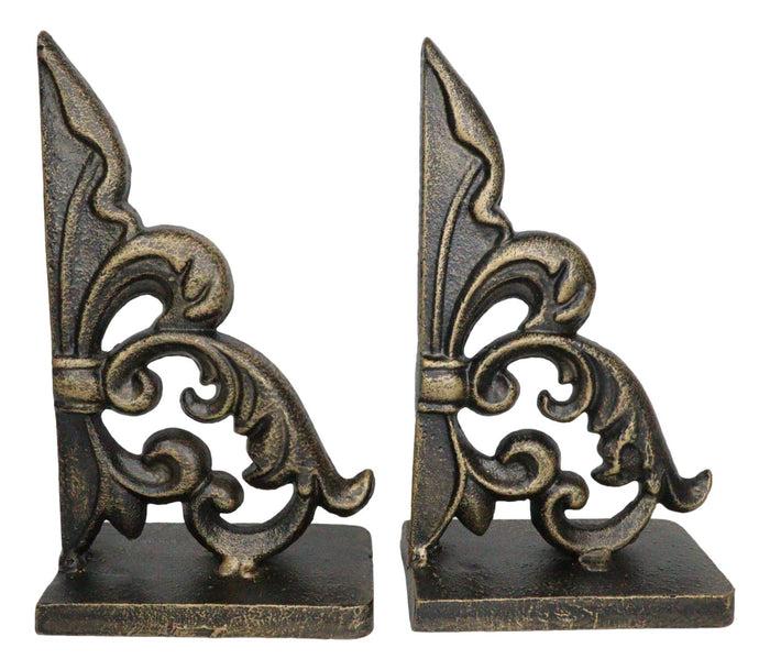 Ebros Gift Ebros Rustic Cast Iron Ornate Fleur De Lis Bookends Set Statue 8.5" Tall In Faded Bronze Antique Finish 6.25" H French Royal Stylized Lily Decorative Office Study-Room Library Desktop Decor Figurines