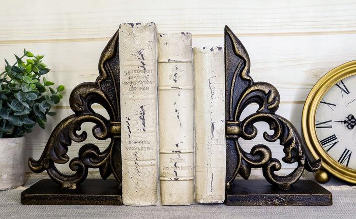 ebros gift Ebros Rustic Cast Iron Ornate Fleur De Lis Bookends Set Statue 8.5" Tall in Faded Bronze Antique Finish 6.25" H French Royal Stylized Lily Decorative Office Study-Room Library Desktop Decor Figurines